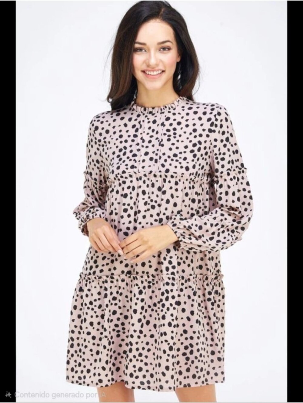 Pink Polka Dot Mini Dress Long Sleeves Mockneck Swing Boho Clean Girl Summer